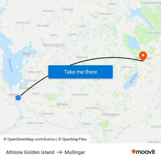Athlone Golden Island to Mullingar map