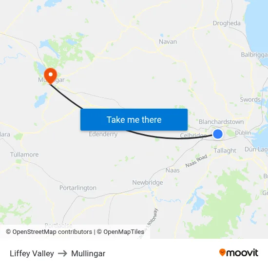 Liffey Valley to Mullingar map