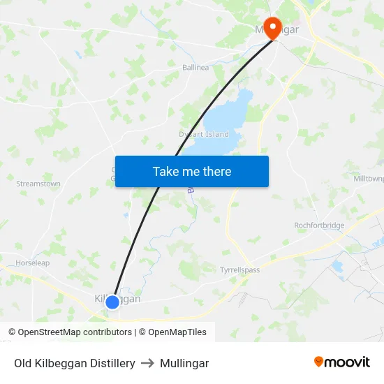Old Kilbeggan Distillery to Mullingar map