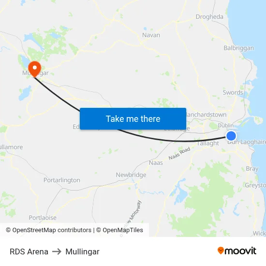 RDS Arena to Mullingar map