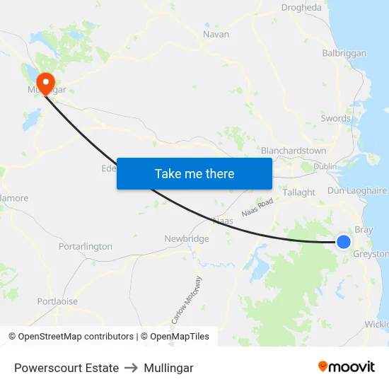 Powerscourt Estate to Mullingar map