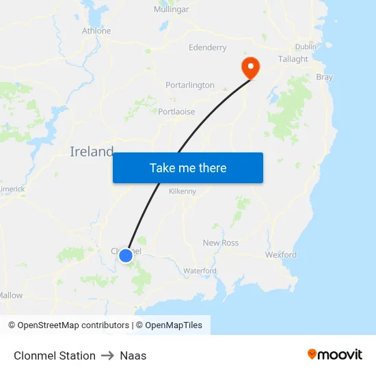 Clonmel Station to Naas map