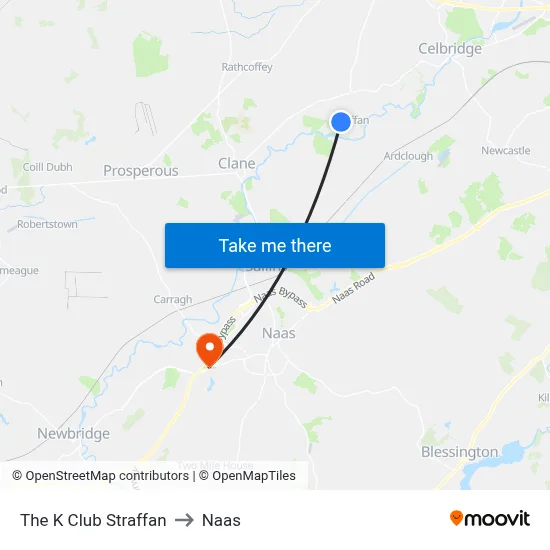 The K Club Straffan to Naas map