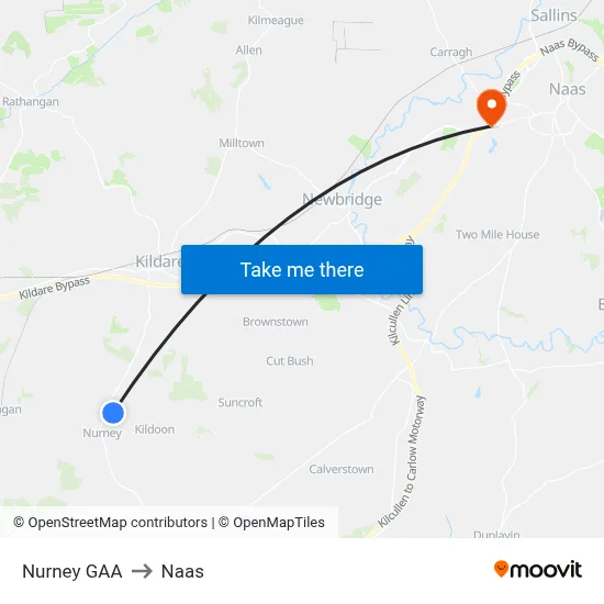 Nurney GAA to Naas map