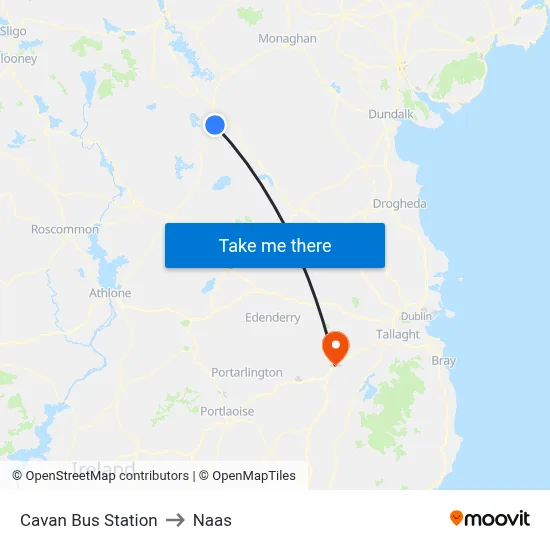 Cavan Bus Station to Naas map