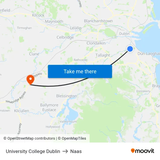 University College Dublin to Naas map