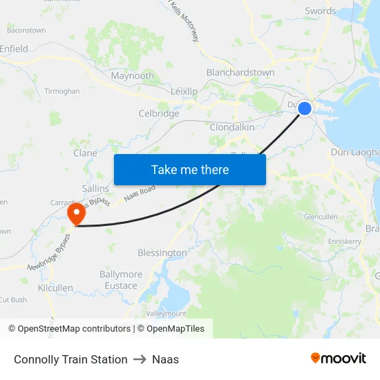 Connolly Train Station to Naas map
