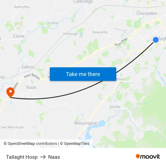 Tallaght Hosp to Naas map