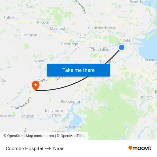 Coombe Hospital to Naas map