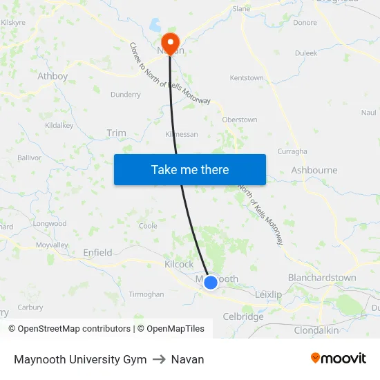 Maynooth University Gym to Navan map