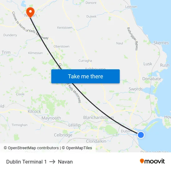 Dublin Terminal 1 to Navan map
