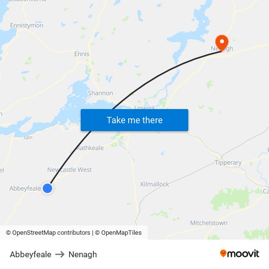 Abbeyfeale to Nenagh map