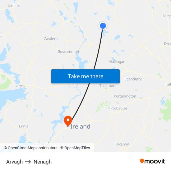Arvagh to Nenagh map