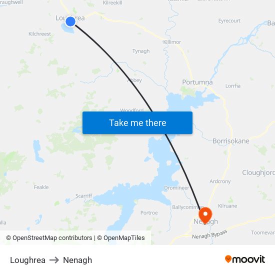 Loughrea to Nenagh map