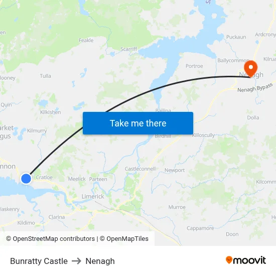 Bunratty Castle to Nenagh map