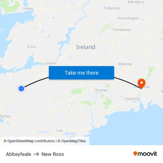 Abbeyfeale to New Ross map