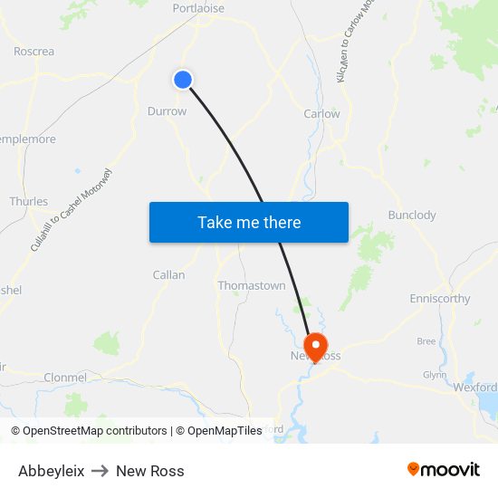 Abbeyleix to New Ross map