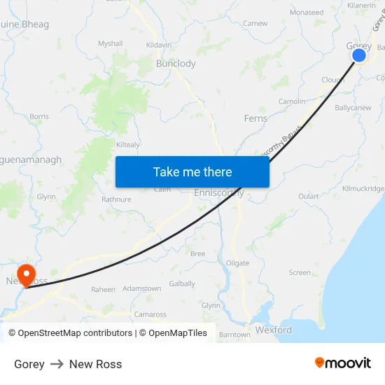 Gorey to New Ross map