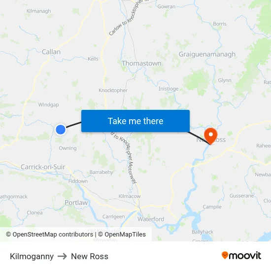 Kilmoganny to New Ross map