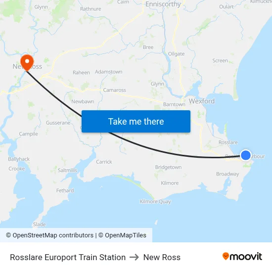 Rosslare Europort Train Station to New Ross map