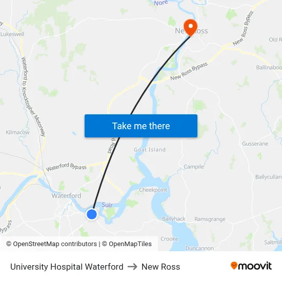 University Hospital Waterford to New Ross map