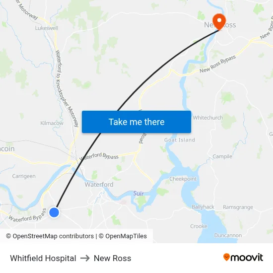 Whitfield Hospital to New Ross map