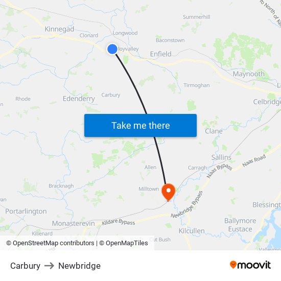 Carbury to Newbridge map