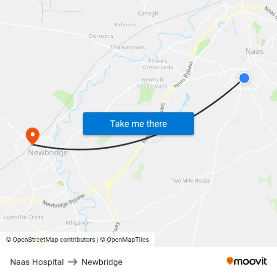 Naas Hospital to Newbridge map