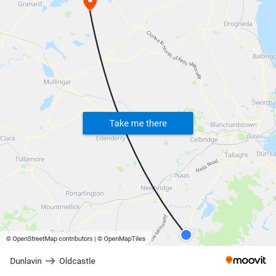 Dunlavin to Oldcastle map