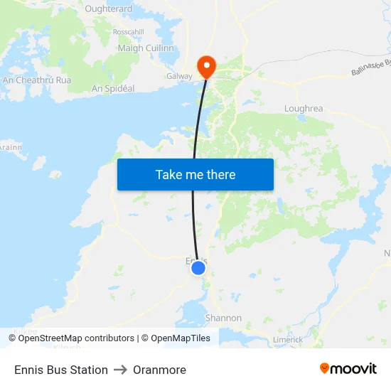 Ennis Bus Station to Oranmore map