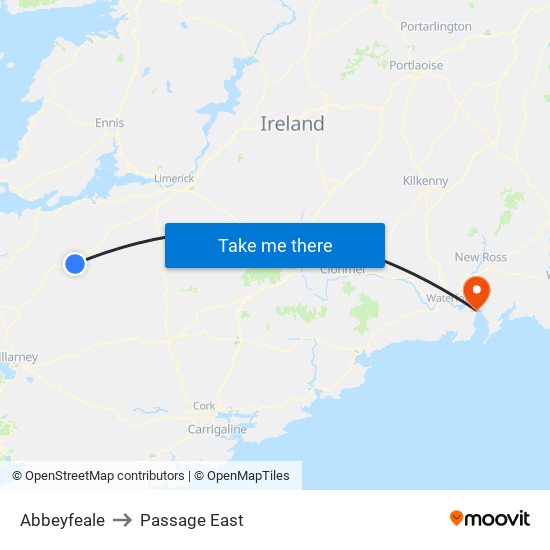 Abbeyfeale to Passage East map