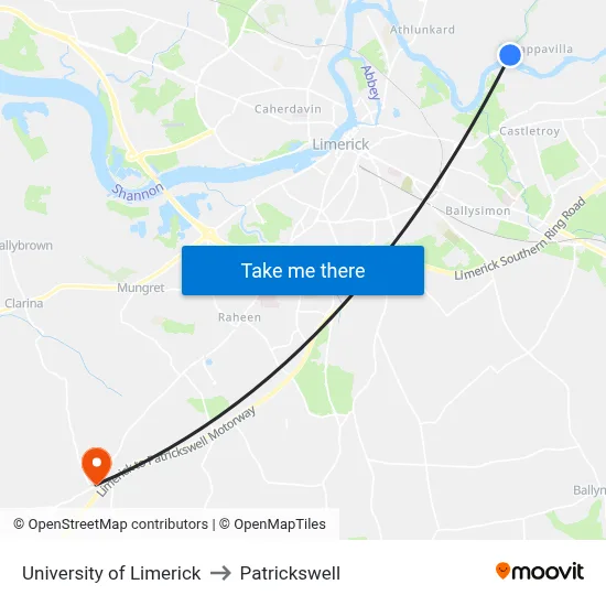 University of Limerick to Patrickswell map