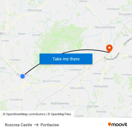 Roscrea Castle to Portlaoise map