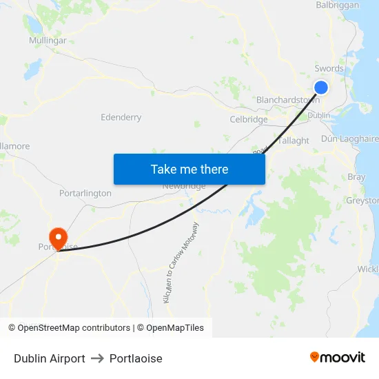 Dublin Airport to Portlaoise map