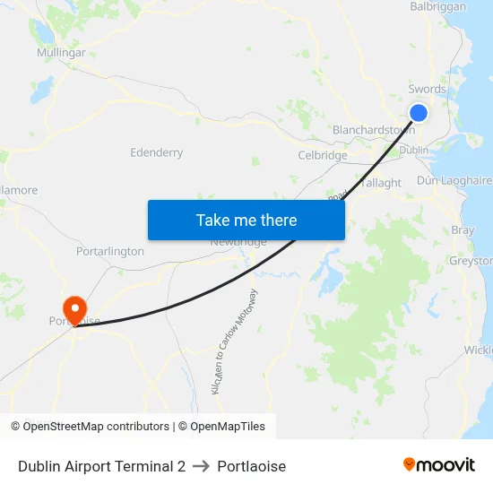 Dublin Airport Terminal 2 to Portlaoise map