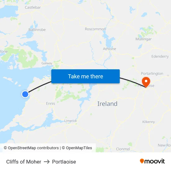 Cliffs of Moher to Portlaoise map