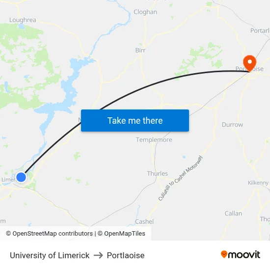 University of Limerick to Portlaoise map