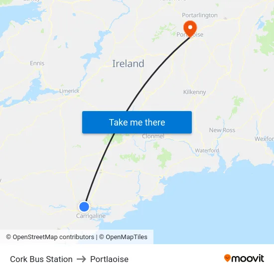 Cork Bus Station to Portlaoise map
