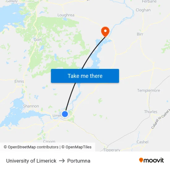 University of Limerick to Portumna map