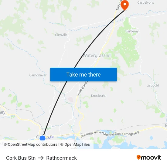 Cork Bus Stn to Rathcormack map