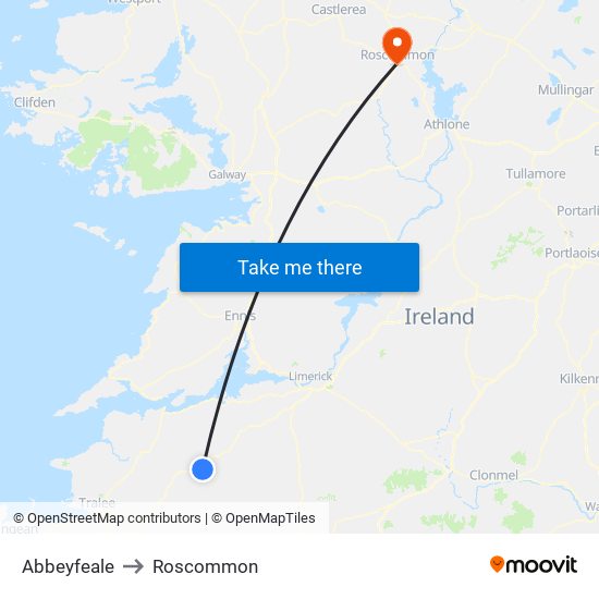 Abbeyfeale to Roscommon map