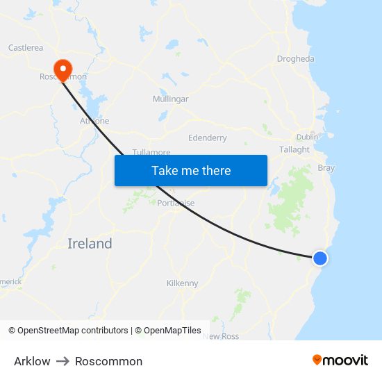Arklow to Roscommon map