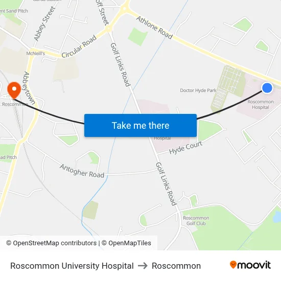 Roscommon University Hospital to Roscommon map
