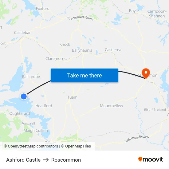 Ashford Castle to Roscommon map