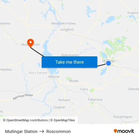 Mullingar Station to Roscommon map