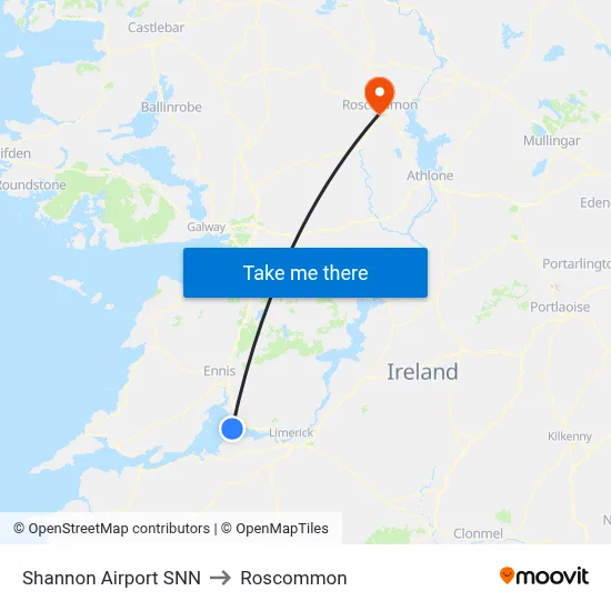 Shannon Airport SNN to Roscommon map