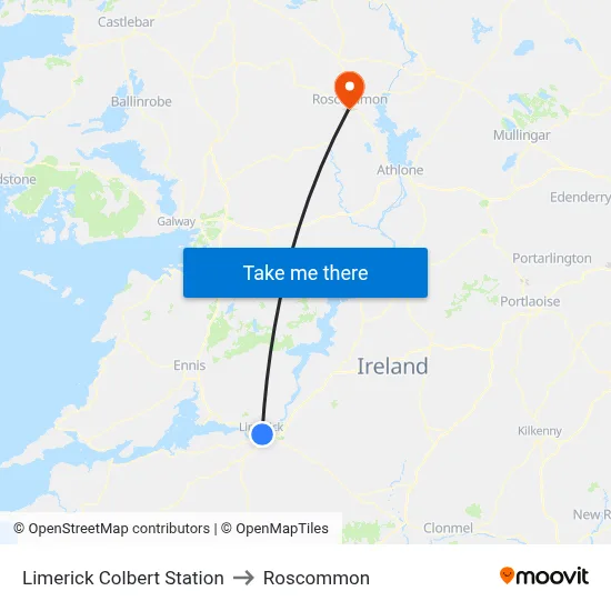 Limerick Colbert Station to Roscommon map