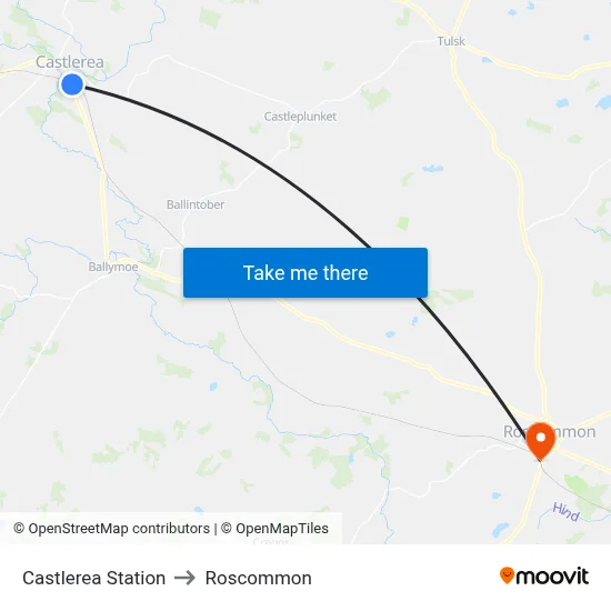 Castlerea Station to Roscommon map