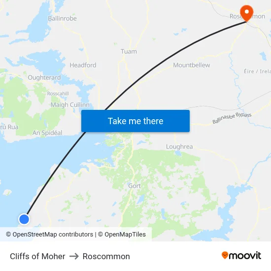 Cliffs of Moher to Roscommon map
