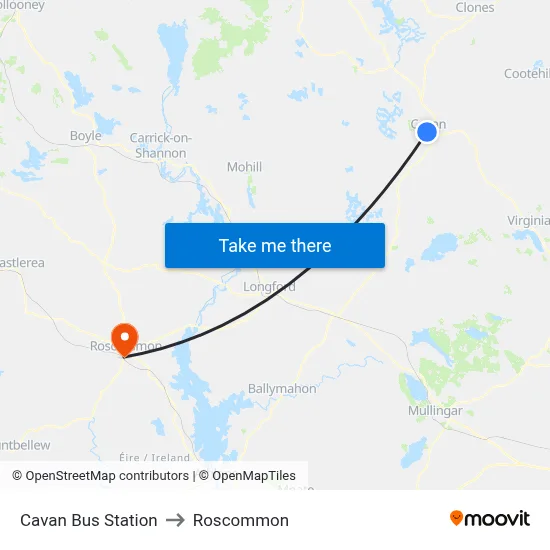 Cavan Bus Station to Roscommon map